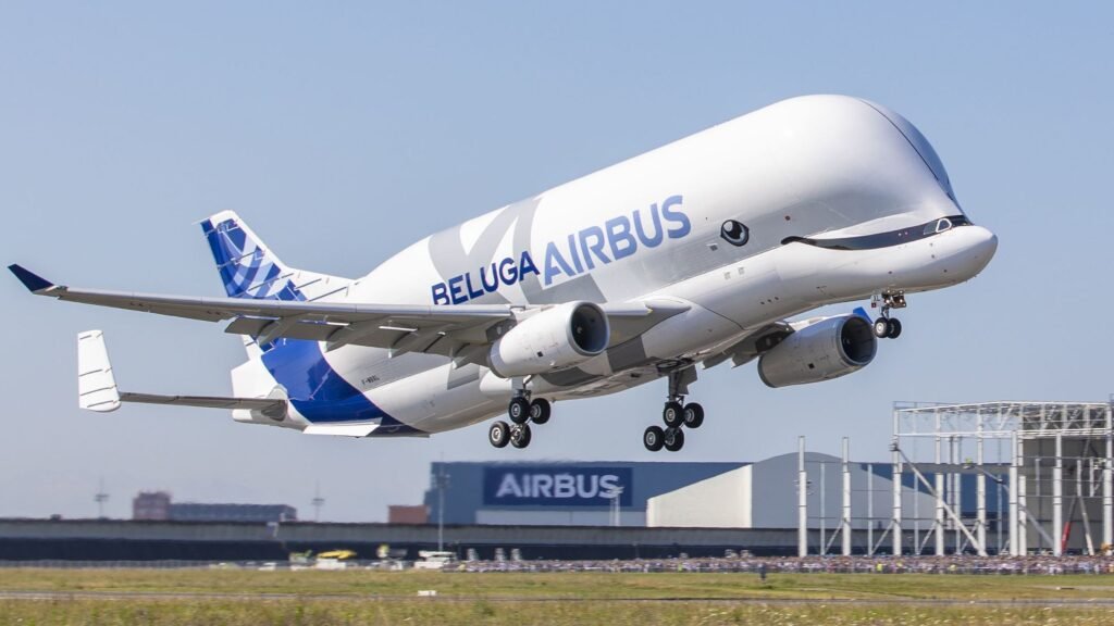 The Airbus Beluga XL on its maiden  flight from France's Toulouse-Blagnac Airport 